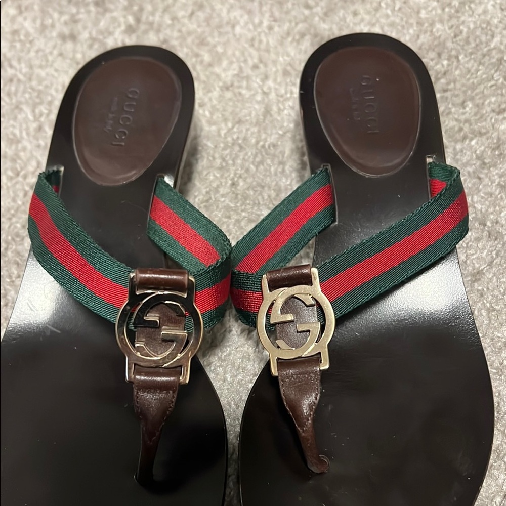 Gucci Black Sandals with Red and Green Straps